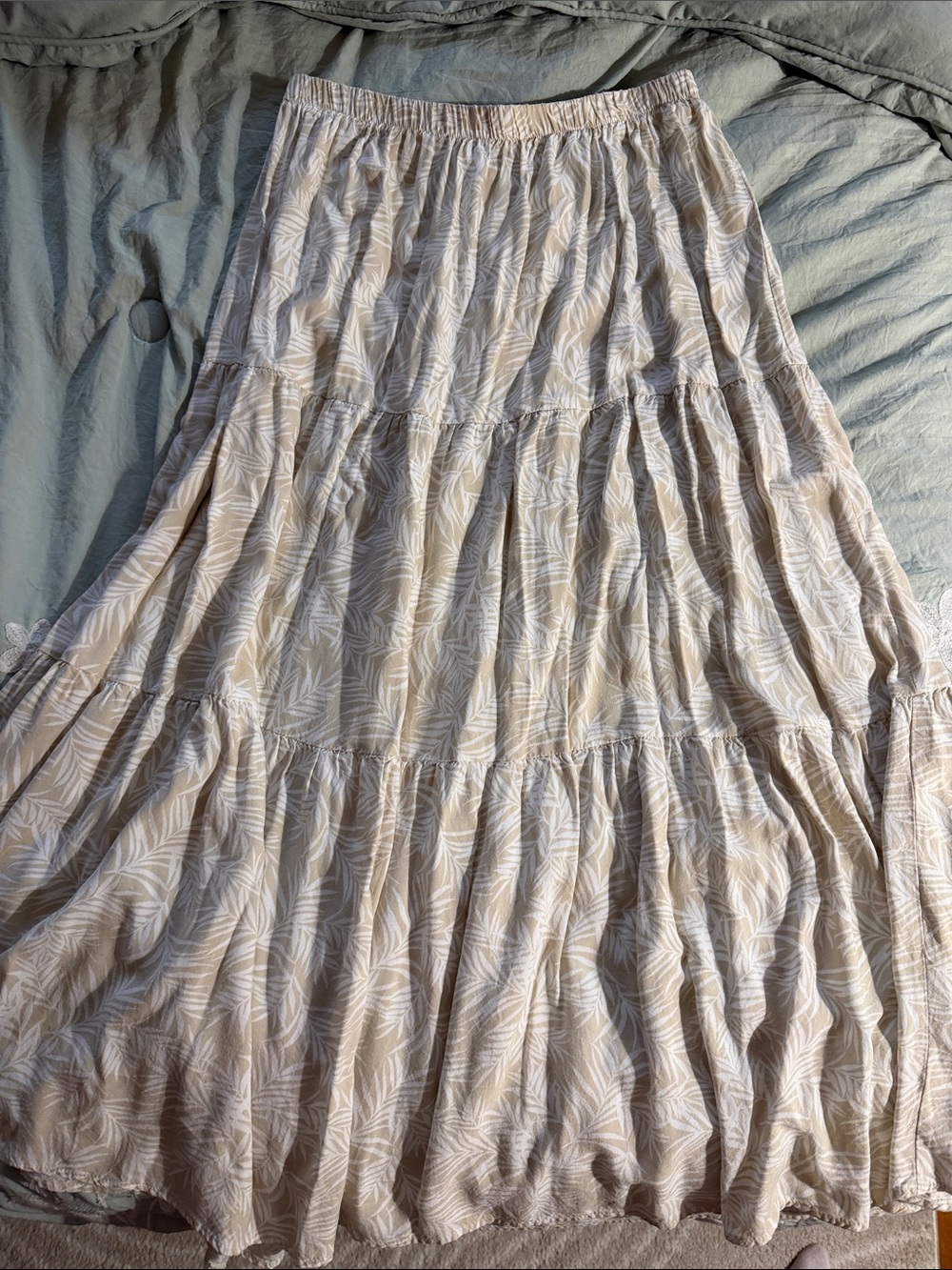 Japna Cream Tiered Maxi Skirt with Leaf Print